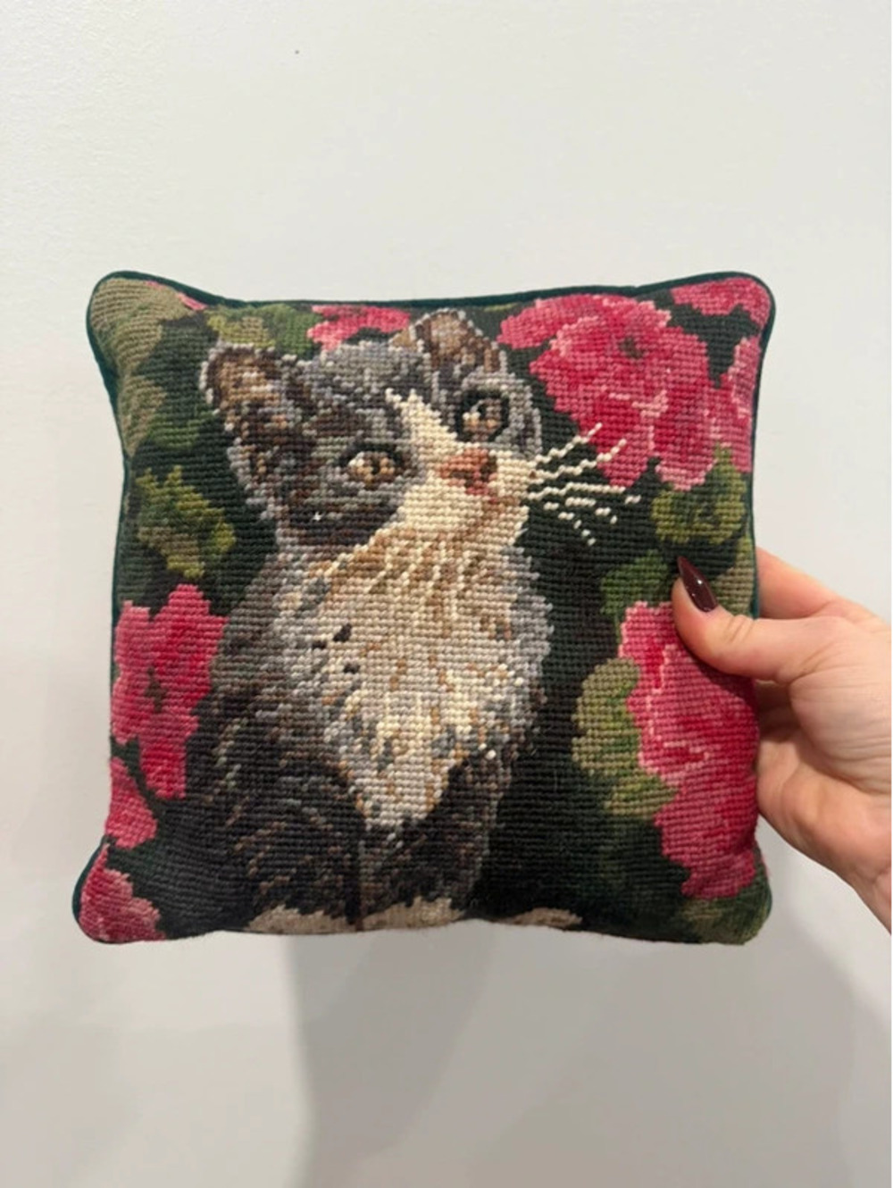 Vintage Needlepoint Cat & Pink Floral Pillow